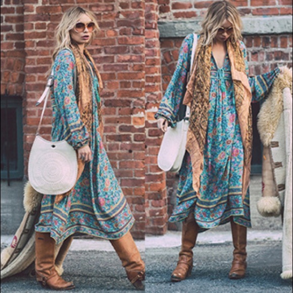 Folk Town Boho Turquoise Maxi DRESS Floral Cotton - Picture 4 of 7